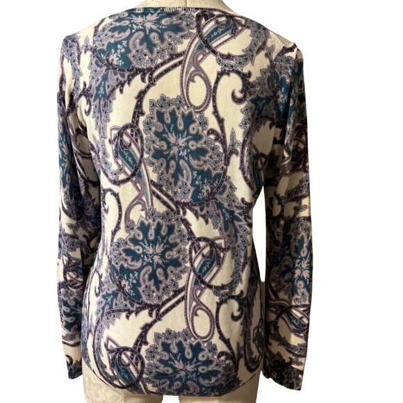 Talbots Silk Blend Purple Teal Paisley Classic Crewneck Cardigan Sweater Size M - Picture 4 of 7